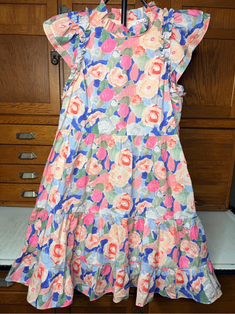 Joy Joy Women’s Floral Ruffle Sleeve Dress in Pink and Blue